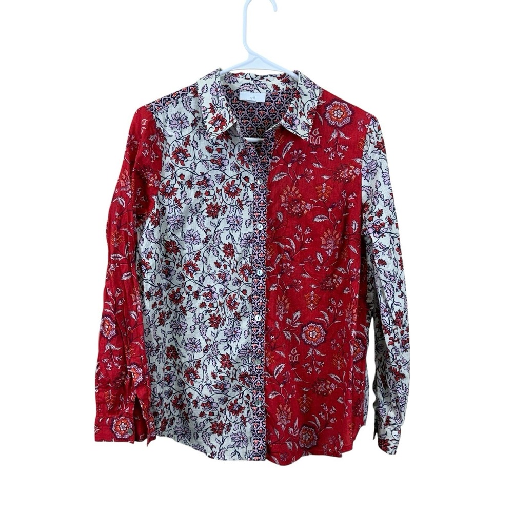 J Jill Cream Red Floral Mixed Fabric Button Down Shirt Small S Long Sleeve